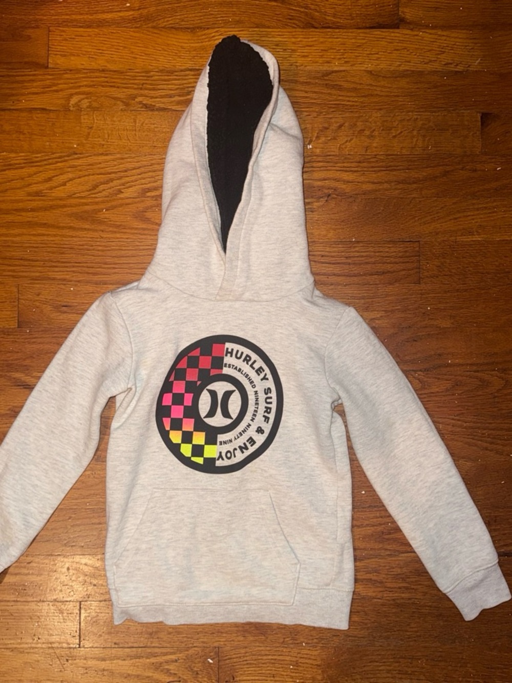 Hurley Kids Light Gray Hoodie with Neon Checkerboard Logo